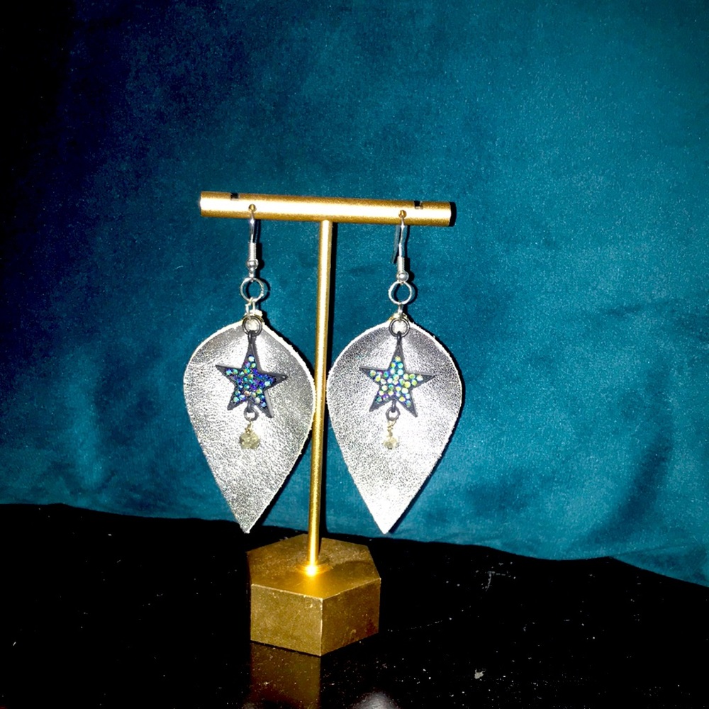 love, Savvy Silver Leather Sparkling Star Earrings Handcrafted